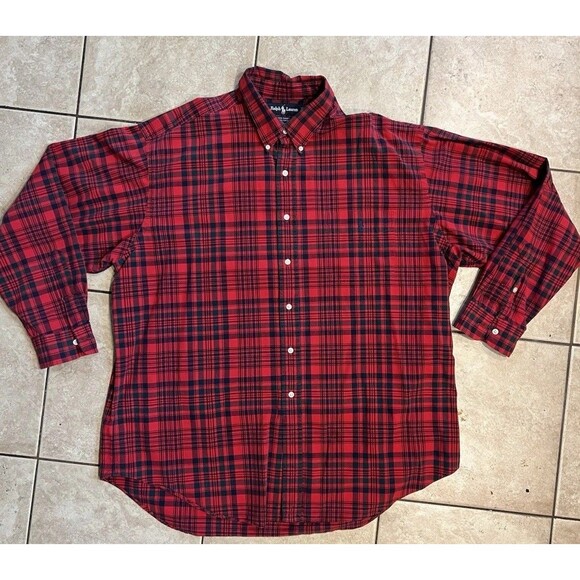 VTG Ralph Lauren BIG SHIRT Mens XL Red Buffalo Plaid Button Long Sleeve Cotton - Picture 1 of 9